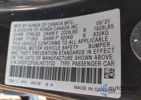 2020 Honda Civic Lx из США, поврежденный, VIN 2HGFC2F69LH573702